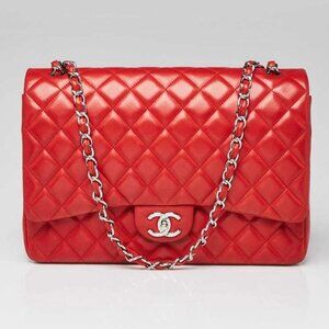 Chanel Red Quilted Lambskin Leather Classic Maxi Double Flap Bag